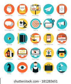 Flat design icons set modern style vector illustration concept of web development service, social media marketing, graphic design, business company branding items and advertising elements.