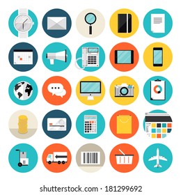 Flat design icons set modern style vector illustration concept of e-commerce and shopping objects, finance and marketing items, product delivery and logistics. Isolated on white background.  