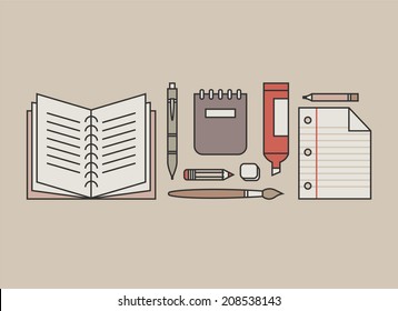 Flat design icons set, modern style vector illustration of office supplies and business items for daily usage.