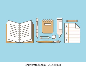 Flat design icons set, modern style vector illustration of office supplies and business items for daily usage.