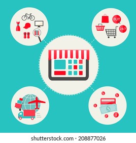 Flat design icons set for online shopping. Icons for e-commerce,  internet shop, add to bag, payment methods, delivery. Vector illustration