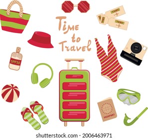 Flat design icons set of planning a summer vacation. Travel items, tourism and journey objects. Passenger luggage. time to travel 