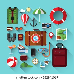 Flat design icons set of planning a summer vacation. Travel, tourism and journey objects. Passenger luggage. Vector illustration