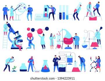 Flat design icons set with scientists working in science laboratory isolated on white background vector illustration