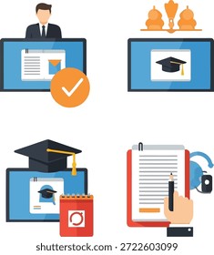 Flat design icons show a man in a suit by a computer screen with a checkmark, a graduation cap on a screen, and a hand writing on a checklist.
