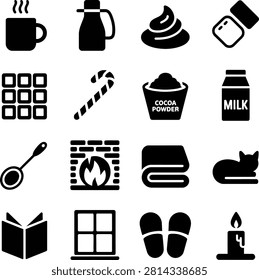 Flat Design Icons Showcasing Holiday Treats Drinks Cooking Tools and Cozy Winter Activities