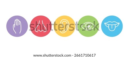 Flat design icons showing eye nose tongue ear skin senses
