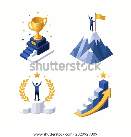 Flat design icons showing trophy success mountain victory and growth