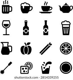 Flat Design Icons Showing Various Beverages Drinks and Food Items for Digital Use