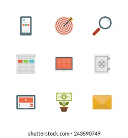 Flat design icons, Smart Phone, Target Dart, Search Magnifier Glass, Web Design, Laptop, Safe Security, Tablet Computer, Money Tree, E-mail. Vector business symbols for website and promotion banners. 