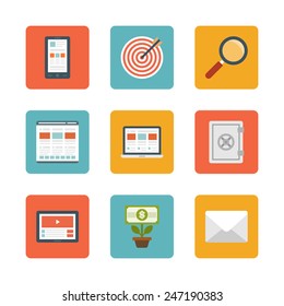 Flat design icons, Smart Phone, Target Dart, Search Magnifier Glass, Web Design, Laptop, Safe Security, Tablet Computer, Money Tree, E-mail. Vector business symbols for website and promotion banners.