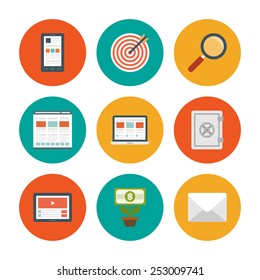Flat design icons, Smart Phone, Target Dart, Search Magnifier Glass, Web Design, Laptop, Safe Security, Tablet Computer, Money Tree, E-mail. Vector business symbols for website and promotion banners.