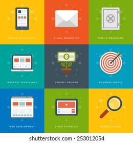 Flat design icons, Smart Phone, Target Dart, Search Magnifier Glass, Web Design, Laptop, Safe Security, Tablet Computer, Money Tree, E-mail. Vector business symbols for website and promotion banners.