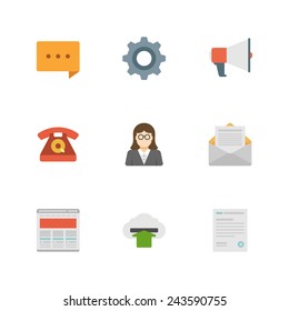 Flat design icons, Speech Bubble, Gear Options, Megaphone, Telephone, Teacher, Open Mail, Development, Cloud Computing Download, Coding. Vector business symbols for website and promotion banners. 
