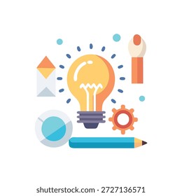 Flat design icons symbolize creative thinking with lightbulb, tools, and vibrant colors on White. Promotes brainstorming, innovation, and project planning.