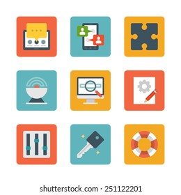 Flat design icons, Tablet Computer, Smart Phone, User Profile, Puzzle Pie, Satellite, Screen, Magnifier Glass, Graphic Design. Vector business symbols for website and promotion banners. 