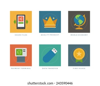 Flat design icons, Time Management, Join Us, Create Gallery, Start Up Project, Photo Camera, Online Shopping. Vector business symbols for website and promotion banners. 