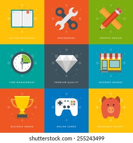 Flat design icons, Tools, Online Shop, Diamond, Clock, Trophy Cup, Piggy Money Box, Game Controller, Book, Pencil and Ruler. Vector business symbols for website and promotion banners.