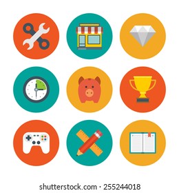 Flat design icons, Tools, Online Shop, Diamond, Clock, Trophy Cup, Piggy Money Box, Game Controller, Book, Pencil and Ruler. Vector business symbols for website and promotion banners.