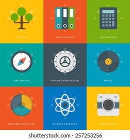 Flat design icons, Tree, Safe Door, Science, Compass, Photo Camera, Record, Graph Chart. Vector business symbols for website and promotion banners. 