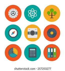 Flat design icons, Tree, Safe Door, Science, Compass, Photo Camera, Record, Graph Chart. Vector business symbols for website and promotion banners. 