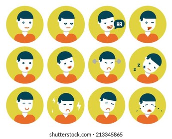 Flat design icons with various different facial expressions and emotions.