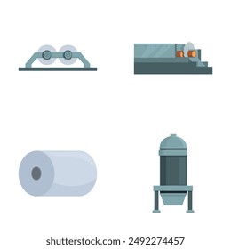 Flat design icons of various industrial machines and equipment
