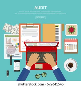 Flat design ideas for analysis and business consulting  include project management audits, financial reports and strategies. Marketing Evaluation Process. Vector illustration.