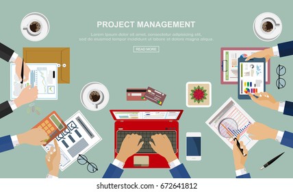 Flat design ideas for analysis and business consulting teams include project management audits, financial reports and strategies. Marketing Evaluation Process. Vector illustration.