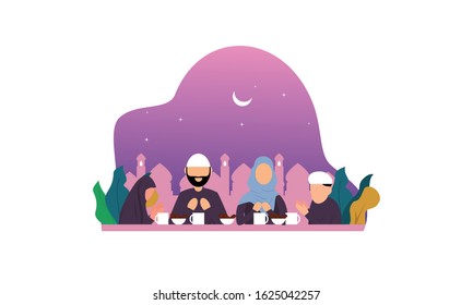 Flat Design Iftar Eating After Fasting Feast Party Concept. Muslim Family Dinner On Ramadan Kareem Or Celebrating Eid With People Character.