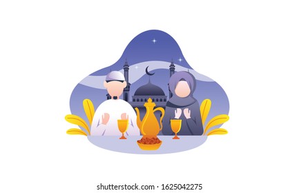 Flat Design Iftar Eating After Fasting feast party concept. Muslim family dinner on Ramadan Kareem or celebrating Eid with people character.