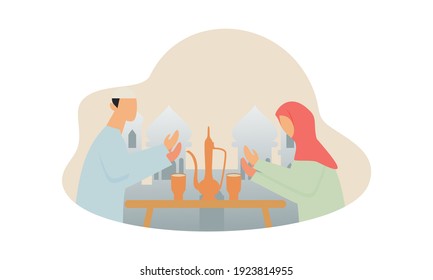 Flat Design Iftar Eating After Fasting feast party concept. Muslim family dinner on Ramadan Kareem o