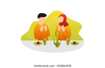 Flat Design Iftar Eating After Fasting feast party concept. Muslim family dinner on Ramadan Kareem o