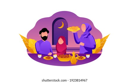 Diseño plano Iftar Comer después del festín. Cena de la familia musulmana en Ramadan Kareem o