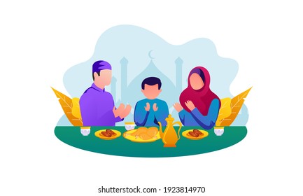 Flat Design Iftar Eating After Fasting feast party concept. Muslim family dinner on Ramadan Kareem o