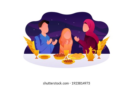 Flat Design Iftar Eating After Fasting feast party concept. Muslim family dinner on Ramadan Kareem o