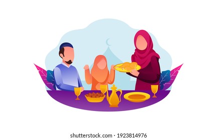 Flatdesign Iftar Eating After Fasting Fasting Party Konzept. Islamisches Familienessen am Ramadan Kareem zu