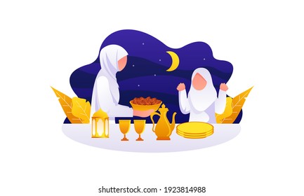 Flat Design Iftar Eating After Fasting feast party concept. Muslim family dinner on Ramadan Kareem o