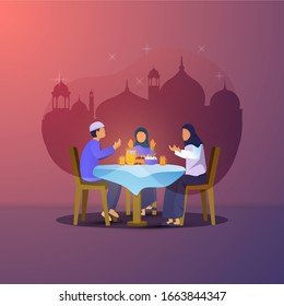 Flat design of iftar party with family for Ramadan greeting postcard, Illustration of Muslim families are breaking the fast together