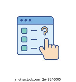 Flat design illustrates a hand selecting the question mark from an online form. Blue and beige color scheme.