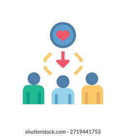 Un diseño plano ilustra el corazón conectado a las personas que representan la Asistencia de la comunidad y las relaciones fuertes dentro de los grupos.