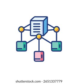 Flat design illustrates a network server connecting data across system nodes. The style is minimalist, digitally enhanced.