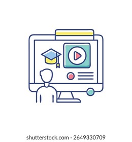 A flat design illustrates online learning resources on a computer monitor with a student figure. It is modern and stylized.