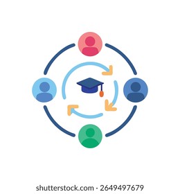 A flat design illustrates teamwork and education. Colorful icons show collaborative learning with a central graduation cap symbol.