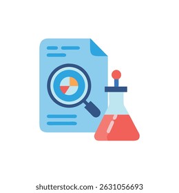 Flat design illustrating data analysis with a magnifying glass on a report and a science flask.