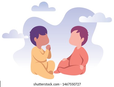 Flat design illustration of 2 happy babies playing together.