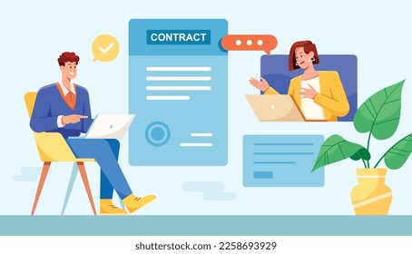 Flat design illustration with 2 people signing contract online.