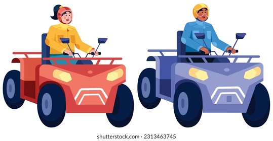 Flat design illustration with 2 people driving quad bikes through the forest.