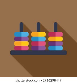Flat design illustration of abacus toy with colorful rings, creating long shadow on brown background