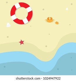flat design illustration of above beach, sand, sea, crab, starfish, buoy and clamshell